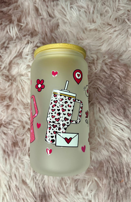 Heart Tumbler Design 16oz Frosted Glass Cup